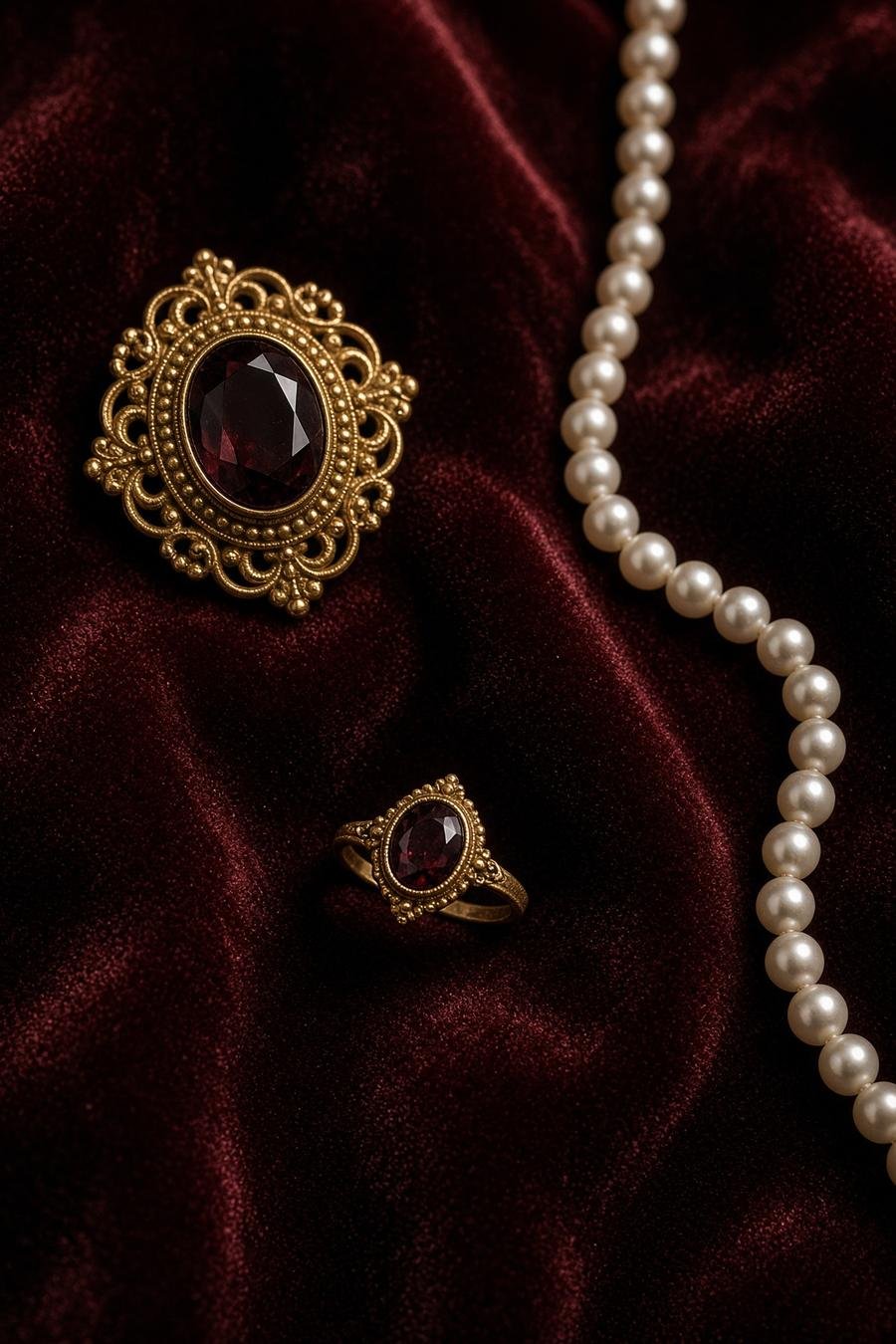 Beispielhafter alter Schmuck mit Granat, Perlen und einem Ring.