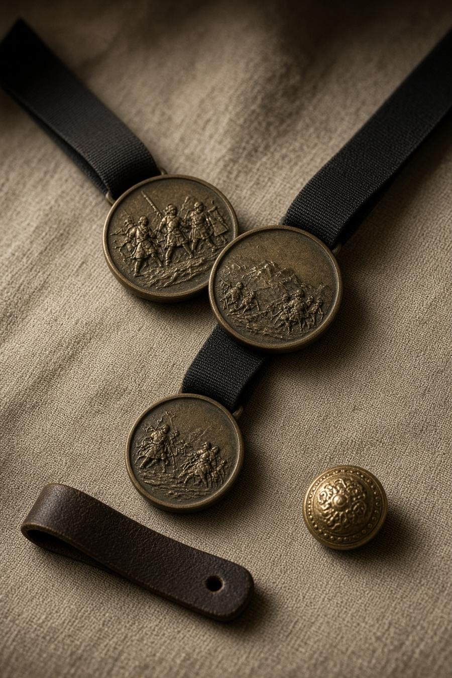 Beispielhafte historische Orden und ein Messingknopf.
