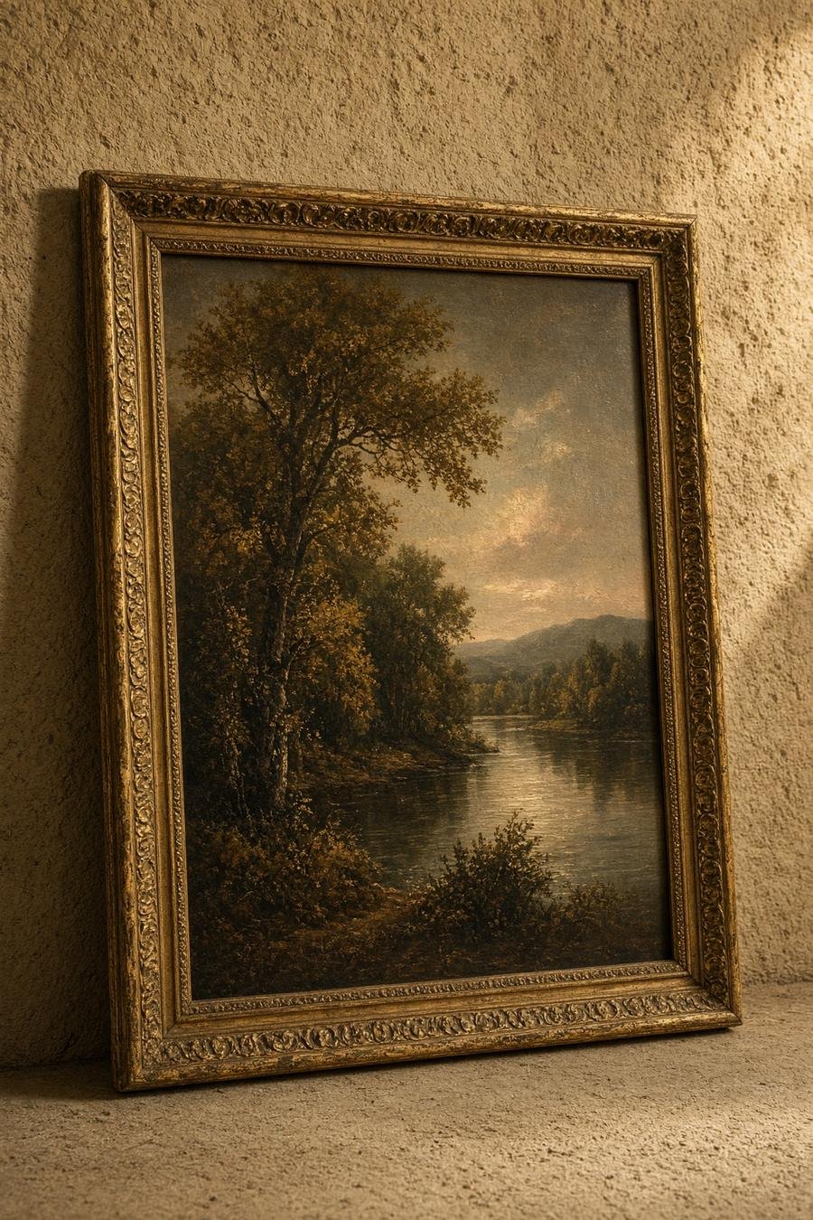 Beispielhaftes Landschaftsgemälde in einem Goldrahmen.