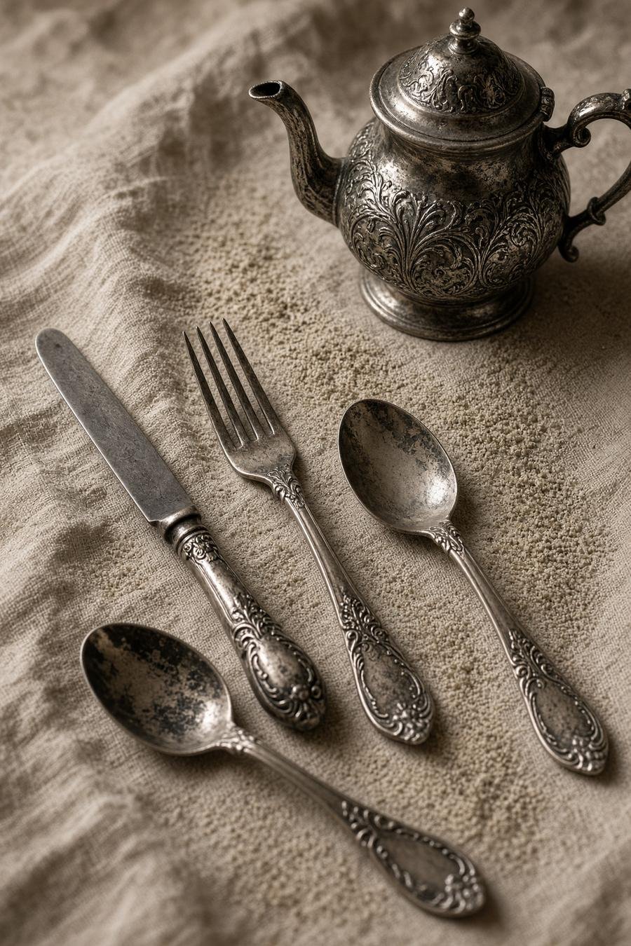 Beispielhaftes Tafelsilber und eine kleine Silberkanne.