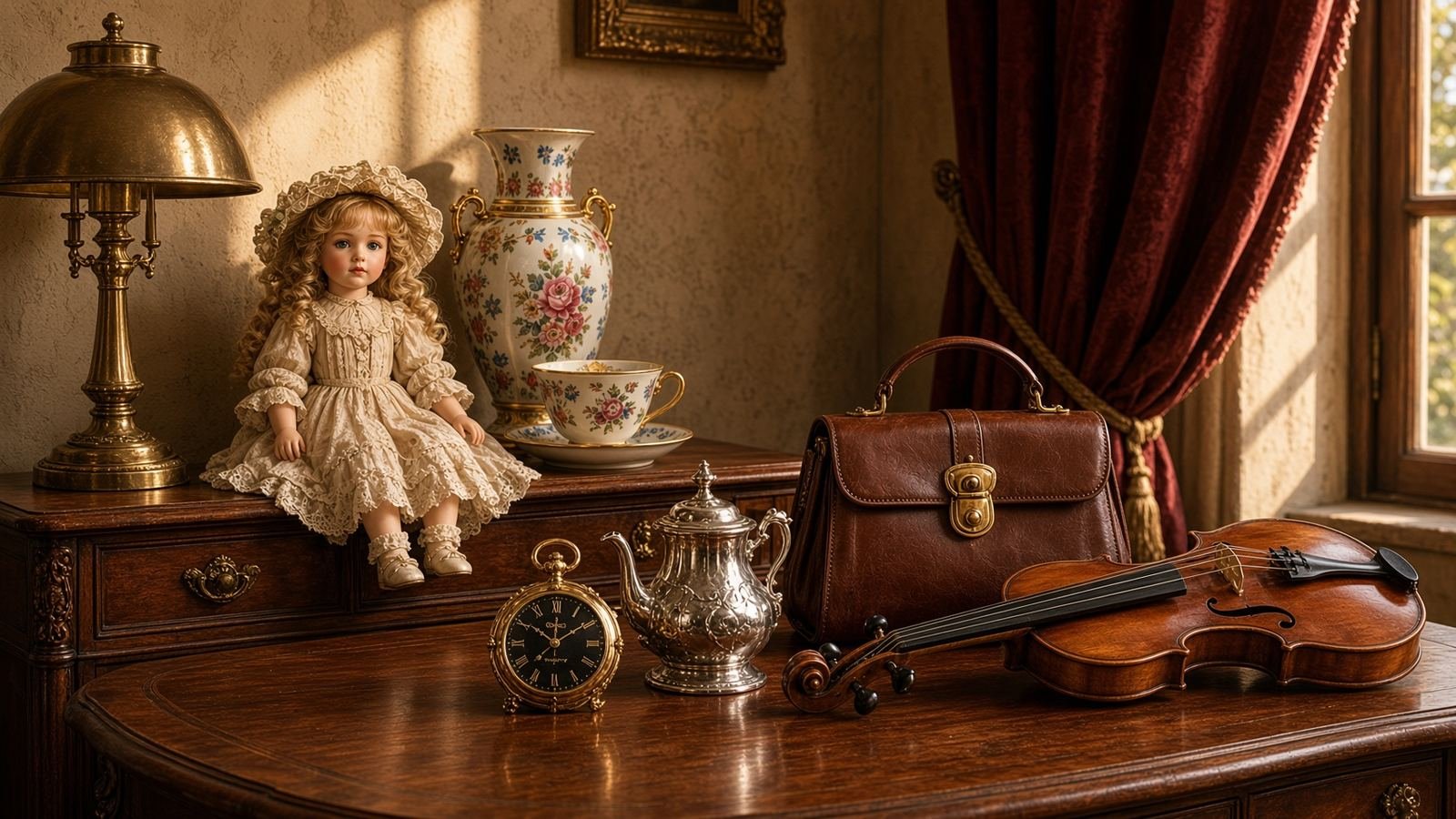 Beispielhaftes Arbeitszimmer mit Geige, Puppe, Porzellan, Taschenuhr, Silberkanne und Handtasche. Keine Abbildung eines Ladens.